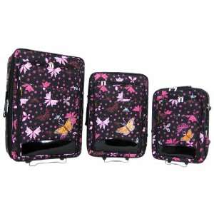  3 Piece Black & Pink Butterfly Print Luggage Set Travel 