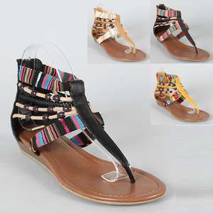 Womens Shoes Beaded T Strap Gladiator Flat Sandals Black Brown Yellow 