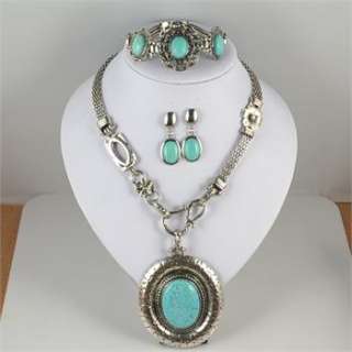 Tibetan Silver Turquoise Stone Necklace Bracelet Earring Jewelry 