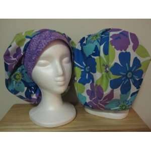 Womens Bouffant Scrub Cap, Adjustable, Blue, Purple, & Green Flowers