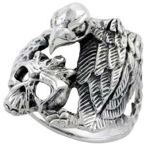 Sterling Silver Bird & Skull Biker Ring (Available in Sizes 6 to 15 