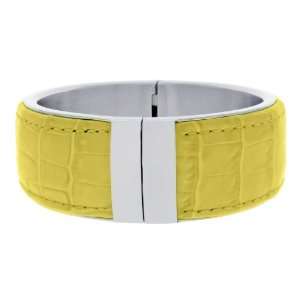  Ladies Wide Yellow Leather & Stainless Steel Cuff Bracelet 